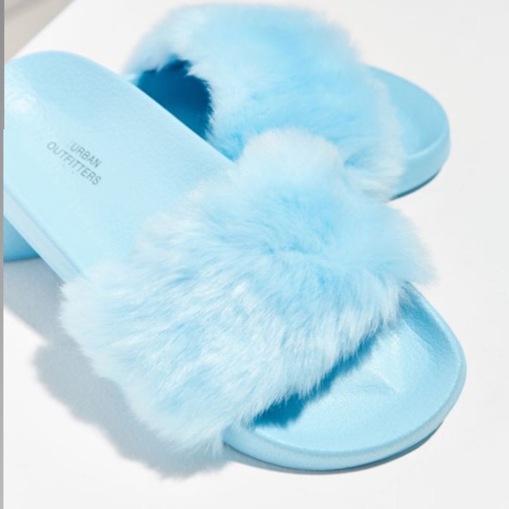 Urban Outfitters Light Blue Fuzzy Slide Slippers